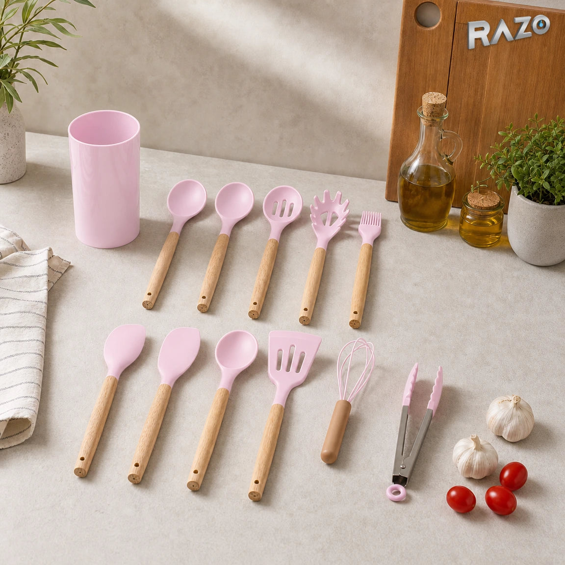 Set 12 piese ustensile de bucătărie din silicon RAZO, cu suport, Roz