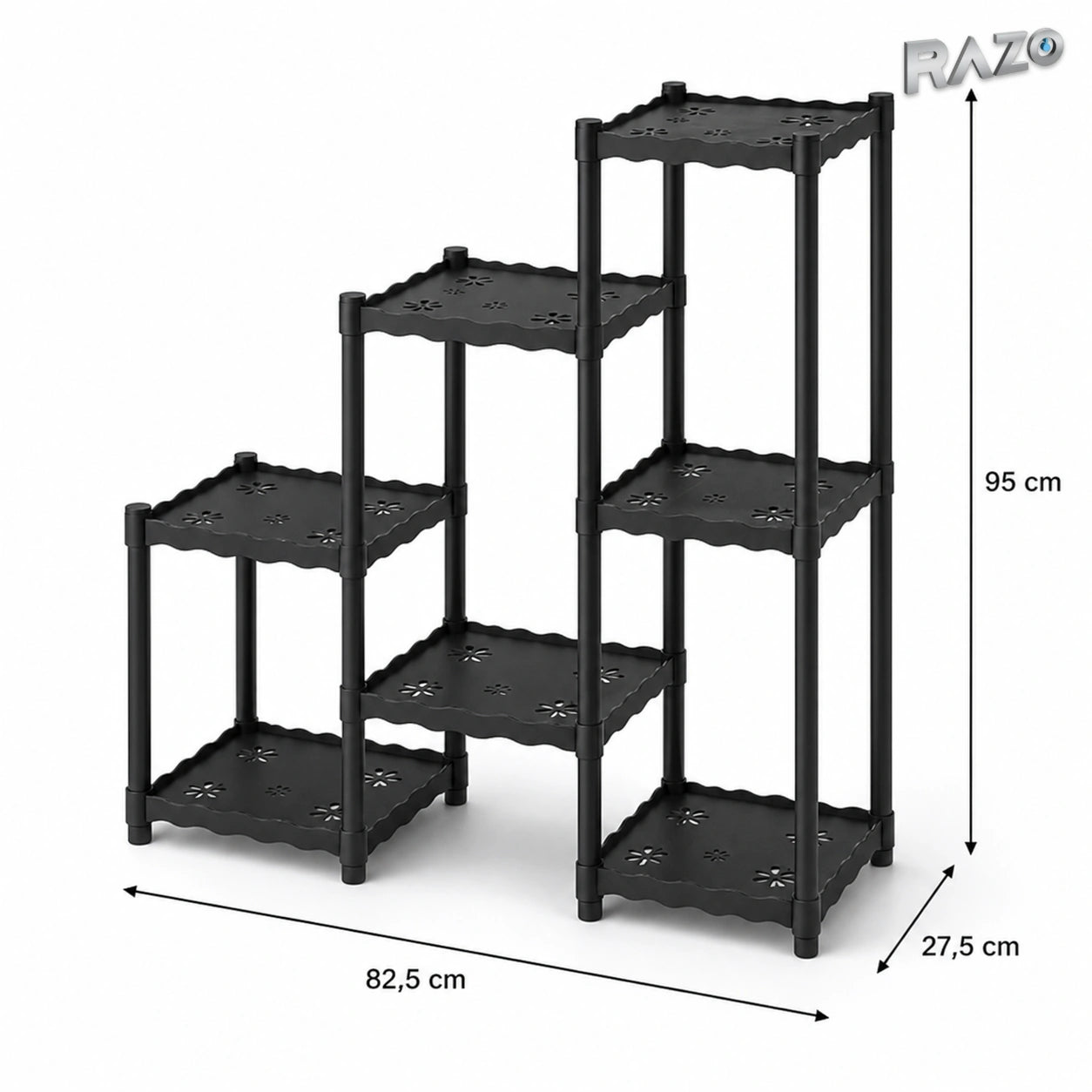 Raft flori triplu RAZO, Suport plante 7 niveluri, Tevi Metalice, Organizator decorativ interior, exterior, 82,5 x 27,5 x 95 cm, Negru