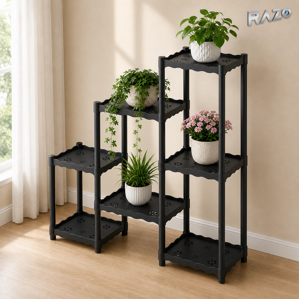 Raft flori triplu RAZO, Suport plante 7 niveluri, Tevi Metalice, Organizator decorativ interior, exterior, 82,5 x 27,5 x 95 cm, Negru - imagine produs 2
