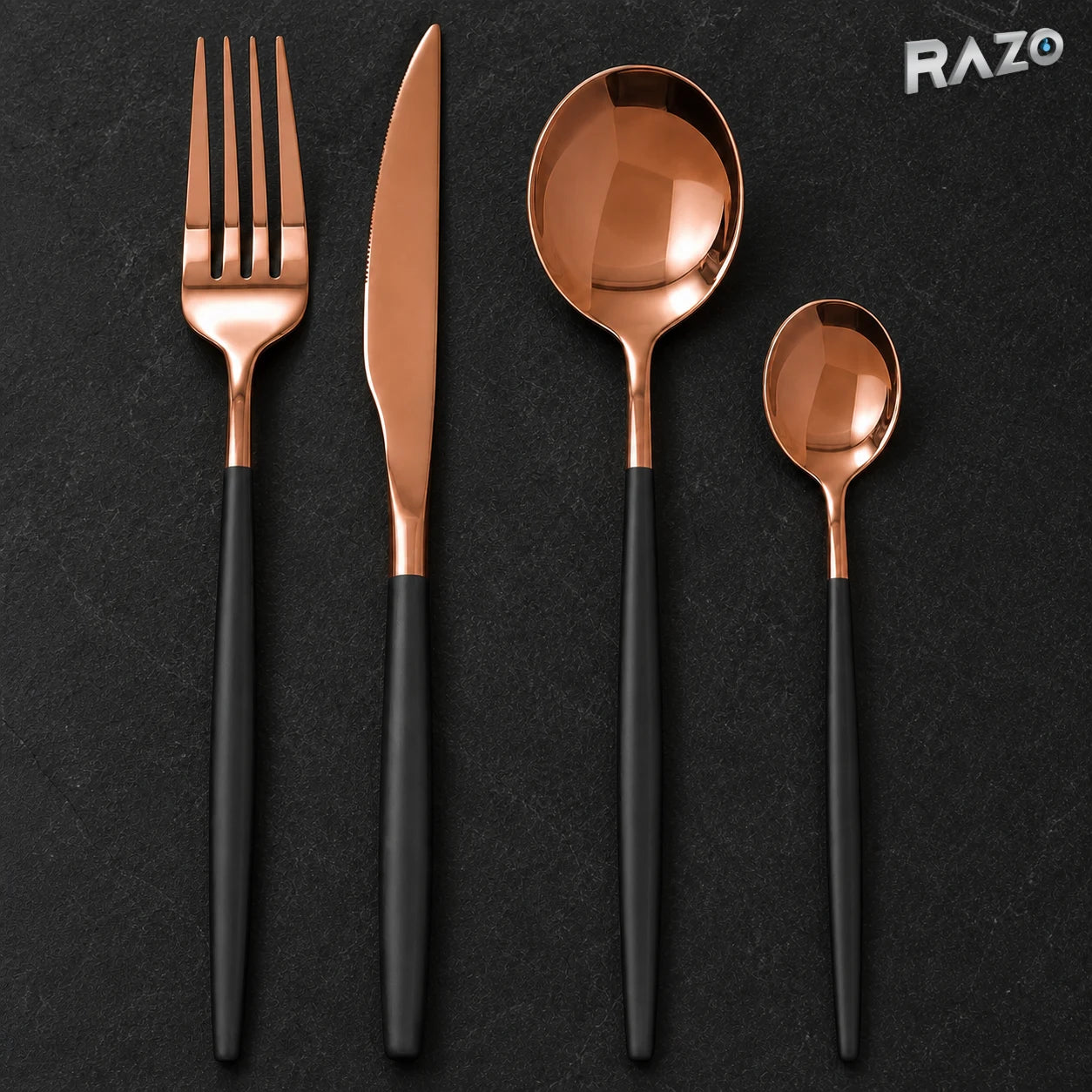 Set de tacâmuri Luxury Collection, 24 de piese din inox, negru cu arămiu