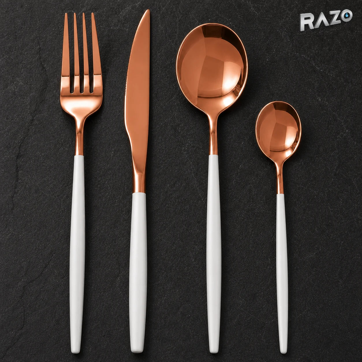 Set de tacâmuri Luxury Collection, 24 de piese din inox, alb cu arămiu