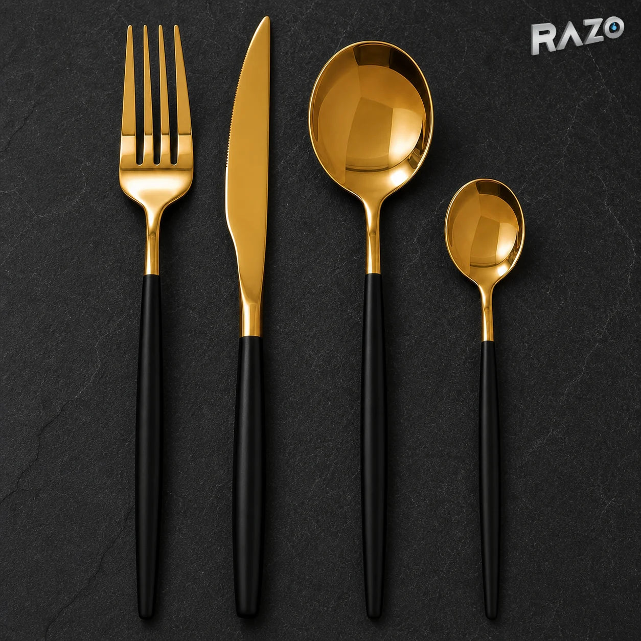Set de tacâmuri Luxury Collection, 24 de piese din inox, negru cu auriu