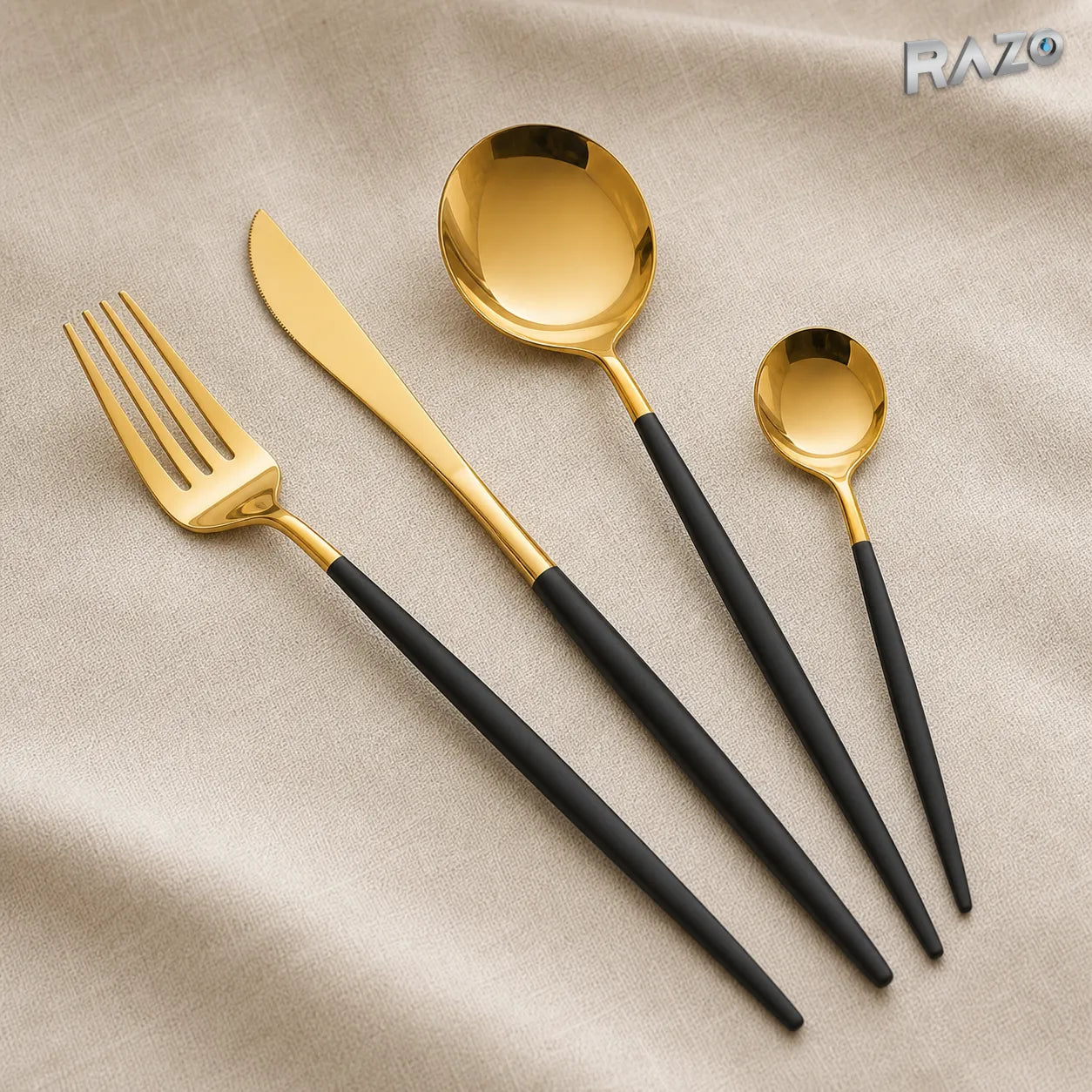 Set de tacâmuri Luxury Collection, 24 de piese din inox, negru cu auriu