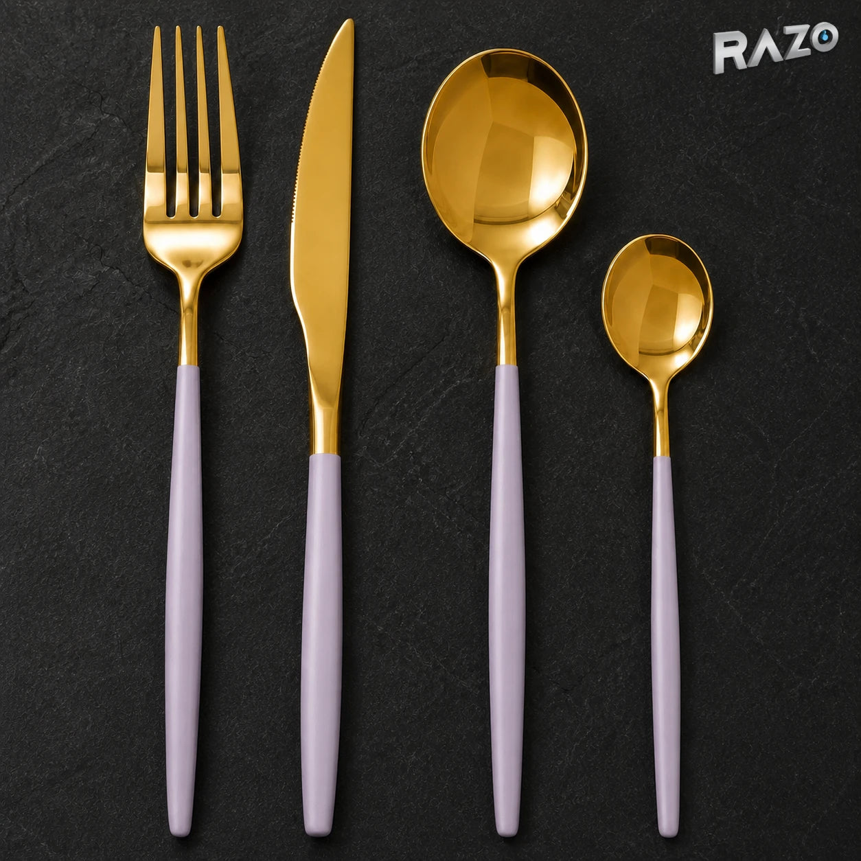 Set de tacâmuri Luxury Collection, 24 de piese din inox, mov cu auriu