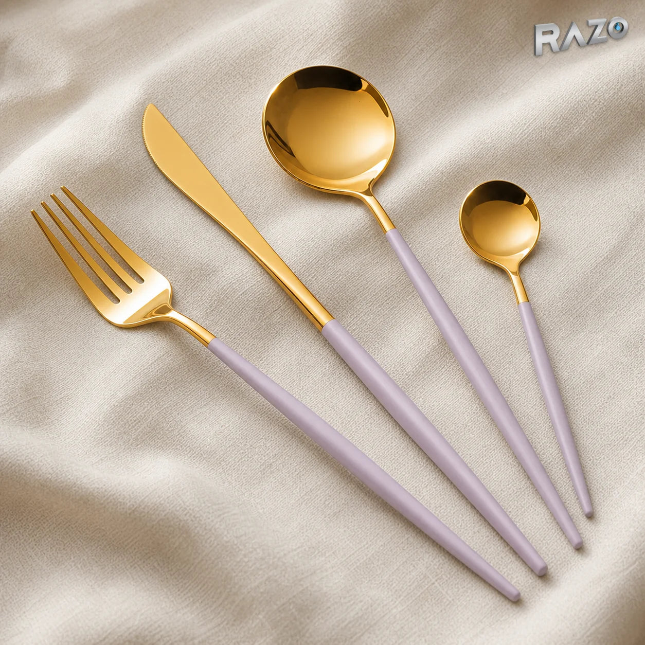 Set de tacâmuri Luxury Collection, 24 de piese din inox, mov cu auriu