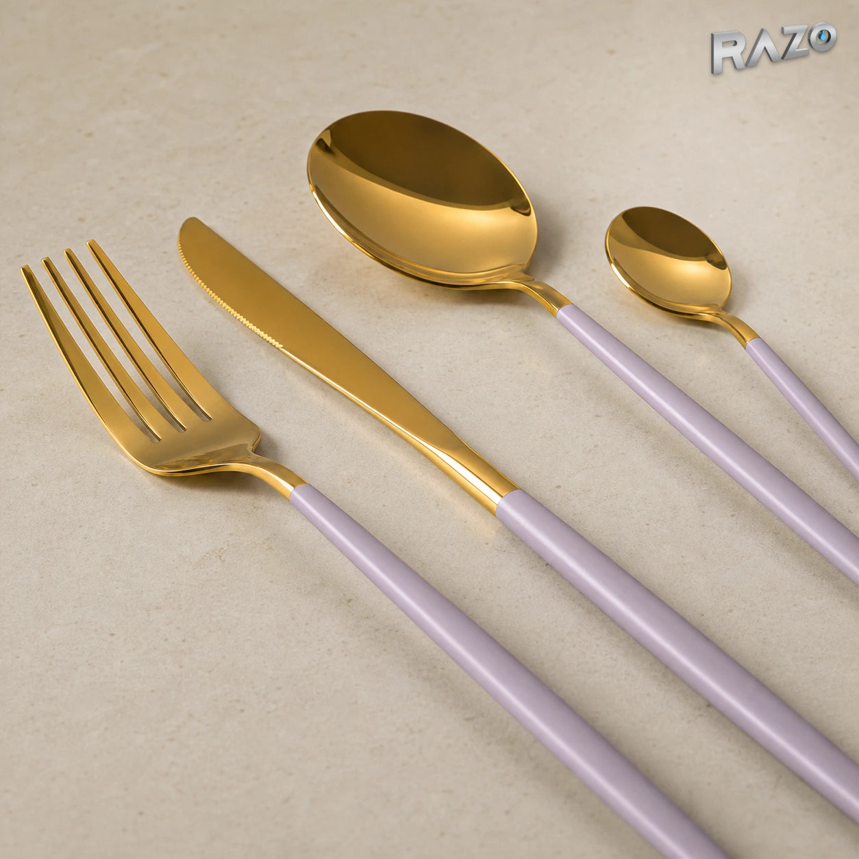 Set de tacâmuri Luxury Collection, 24 de piese din inox, mov cu auriu