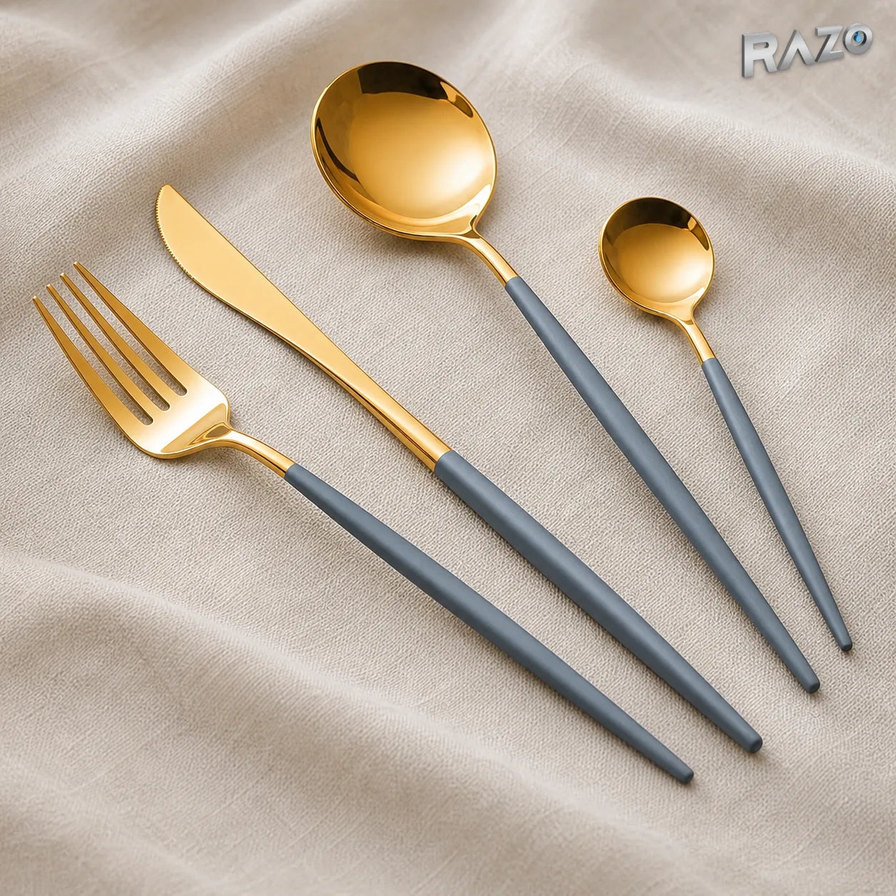 Set de tacâmuri Luxury Collection, 24 de piese din inox, albastru cu auriu