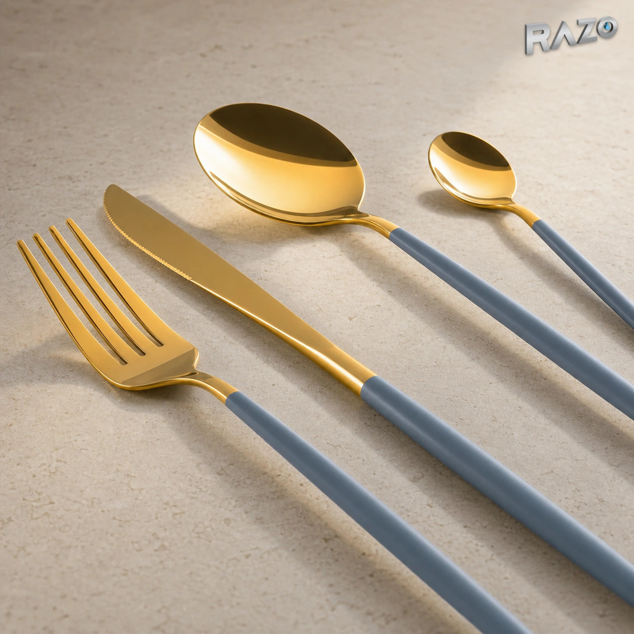 Set de tacâmuri Luxury Collection, 24 de piese din inox, albastru cu auriu