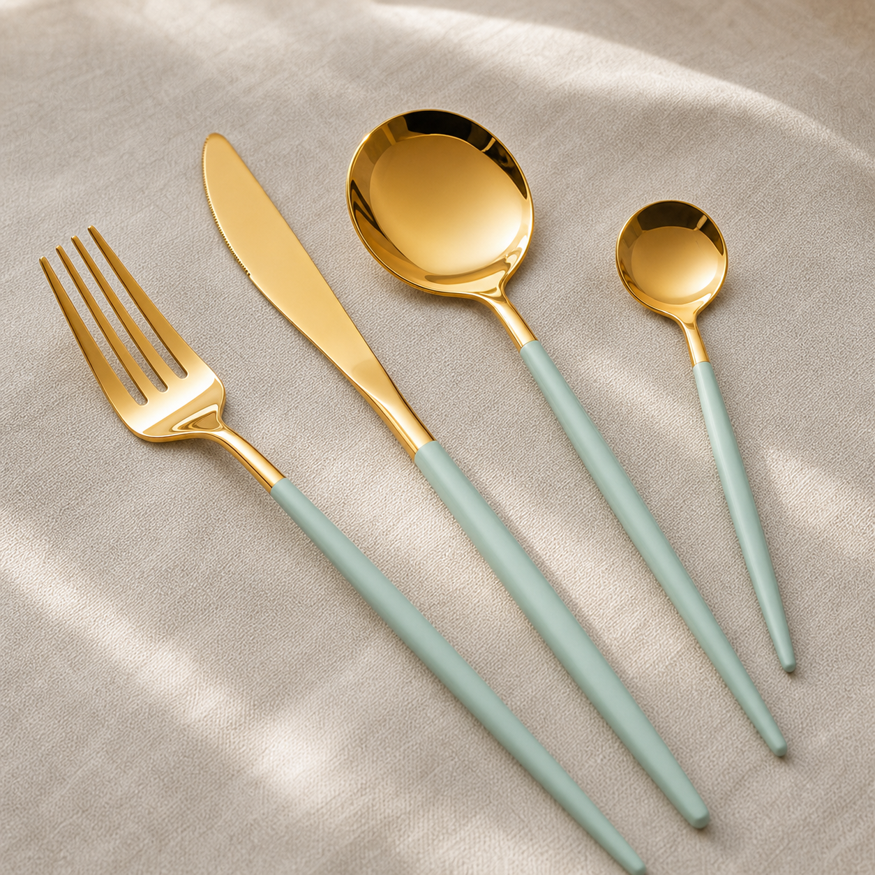Set de tacâmuri Luxury Collection, 24 de piese din inox, verde mentă cu auriu