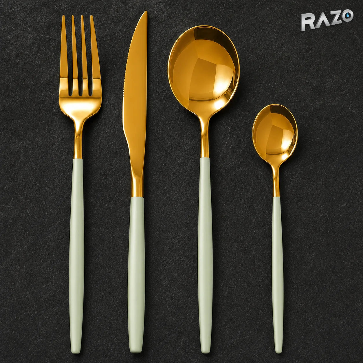Set de tacâmuri Luxury Collection, 24 de piese din inox, verde cu auriu
