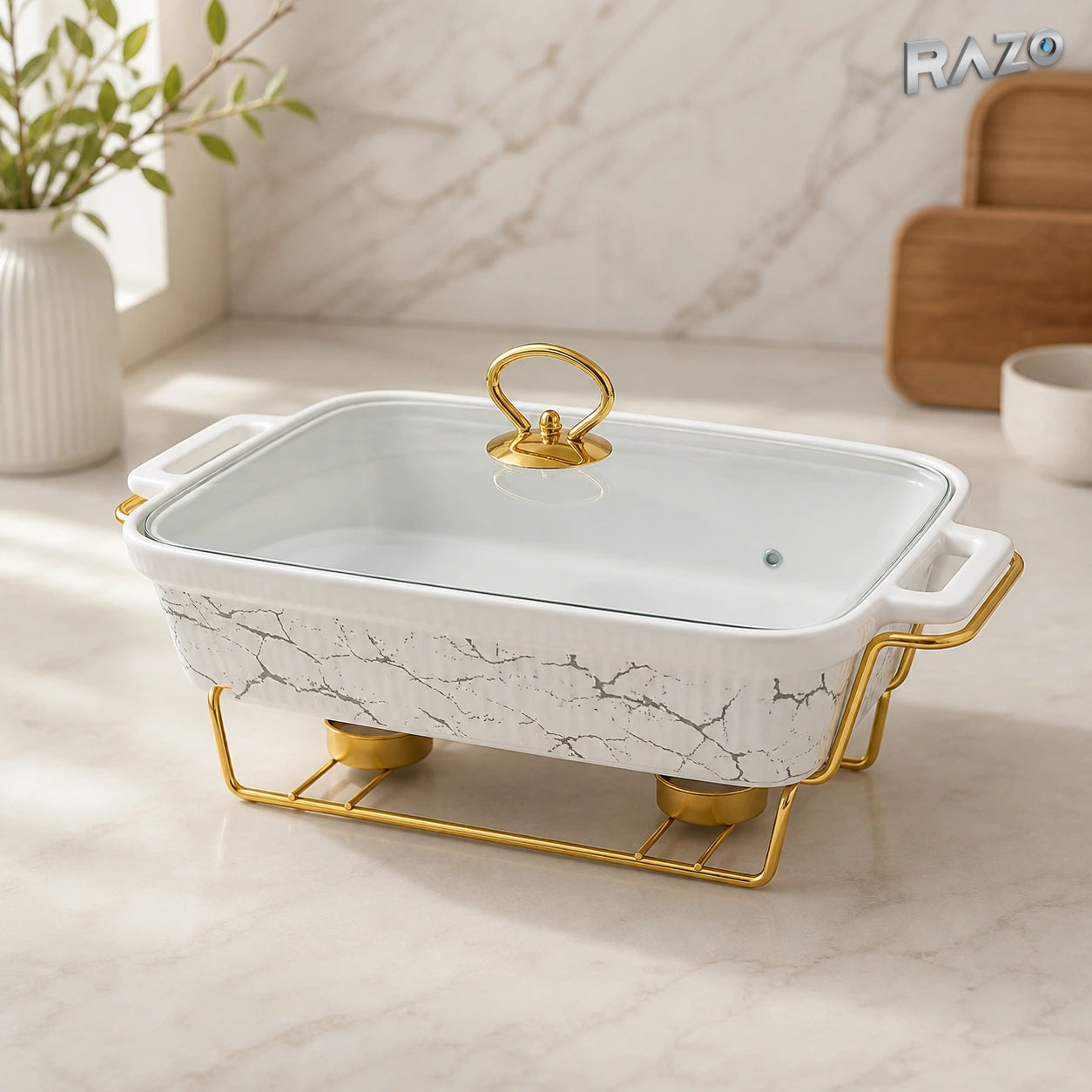 Set tavă termorezistentă cu suport 3288 L alb, cu capac din sticlă - imagine produs 1