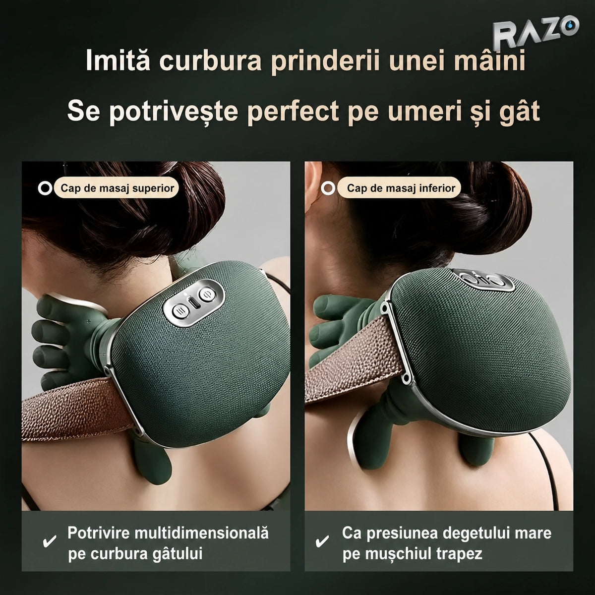 Aparat de masaj pentru gât și umeri cu frământare, încălzire și 2000 mAh - imagine produs 3