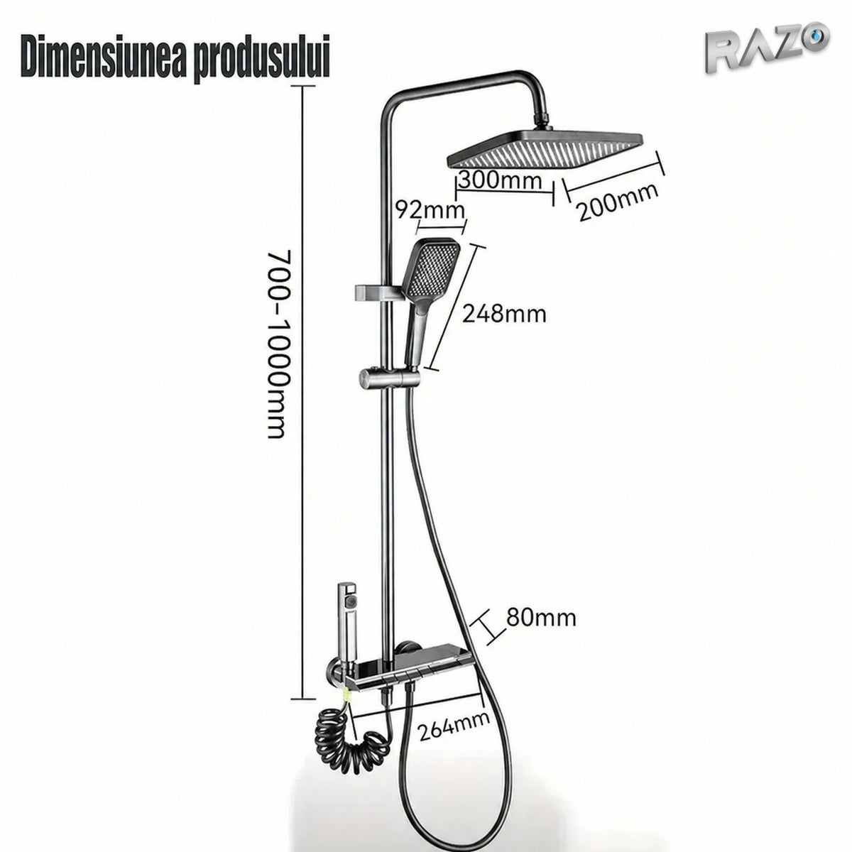 Sistem de duș termostatic din aluminiu, cu afișaj digital, panou Galaxy și cap dreptunghiular, gri - imagine produs 3