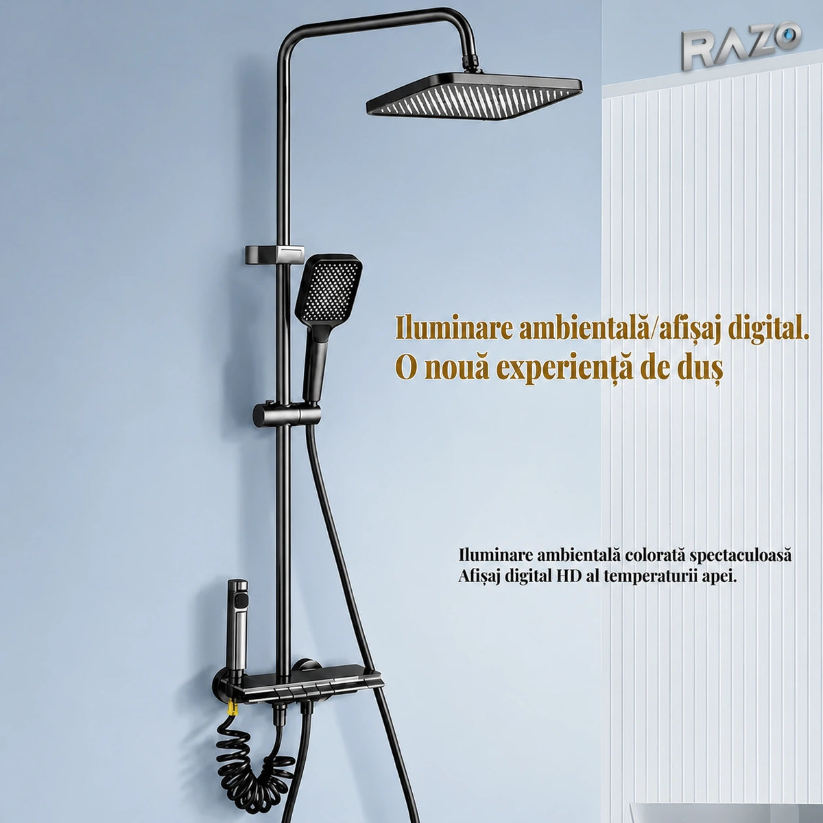 Sistem de duș termostatic din aluminiu, cu afișaj digital, panou Galaxy și cap dreptunghiular, gri - imagine produs 4