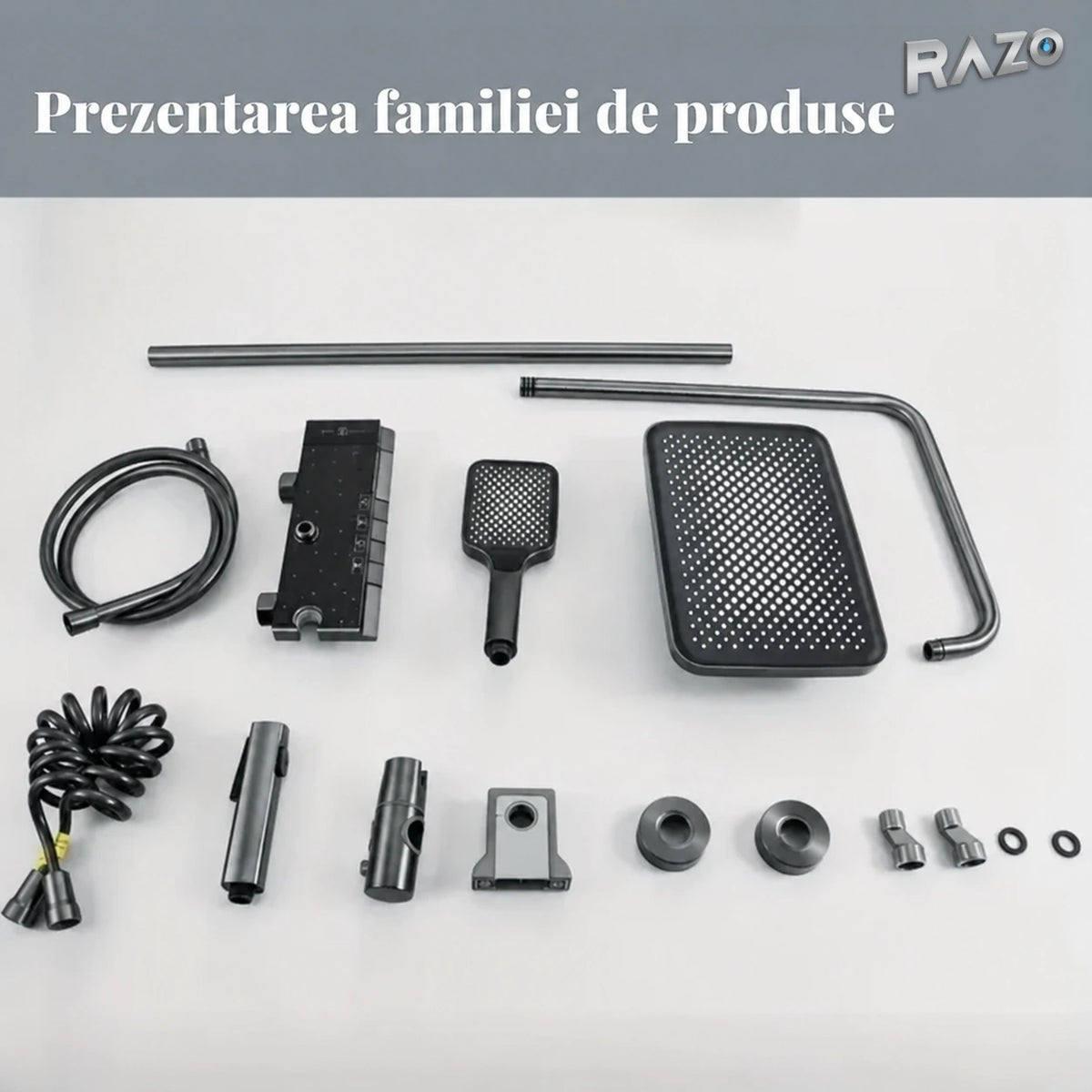 Sistem de duș termostatic din aluminiu, cu afișaj digital, panou Galaxy și cap dreptunghiular, gri - imagine produs 5