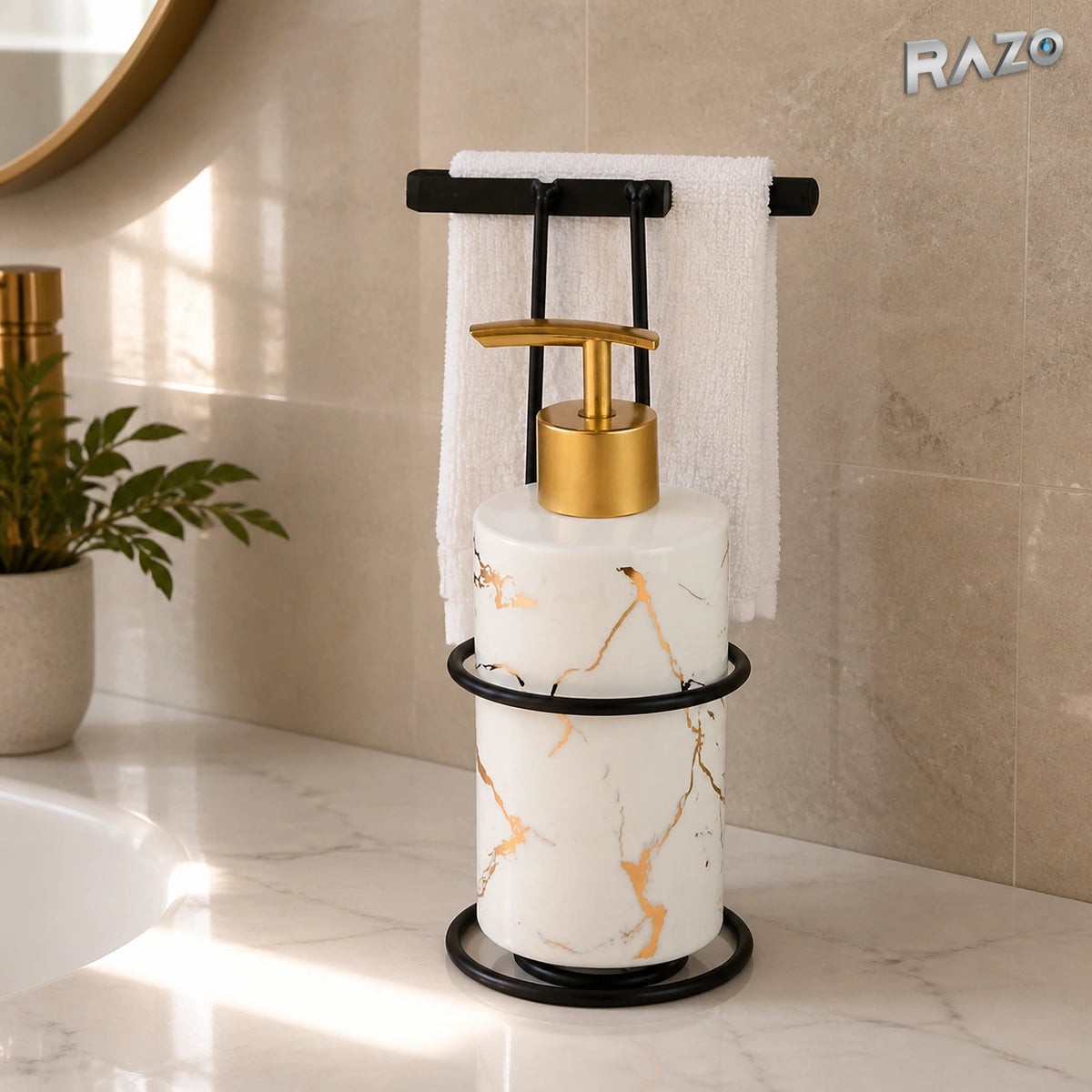Set pentru baie MALOOKI BT 802-1 din porțelan cu efect marmură și suport metalic pentru prosop - imagine produs 2