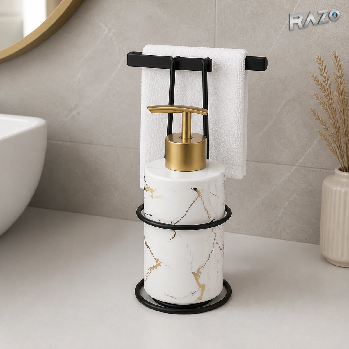 Set pentru baie MALOOKI BT 802-1 din porțelan cu efect marmură și suport metalic pentru prosop - imagine produs 3