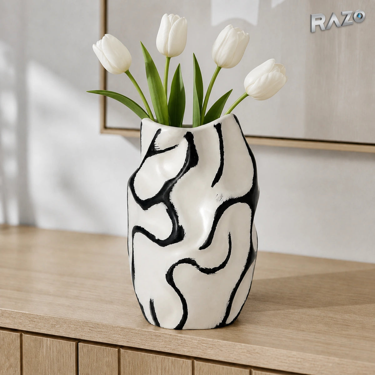 Vază din ceramică lucrată manual MALOOKI 1322, alb-negru - imagine produs 4