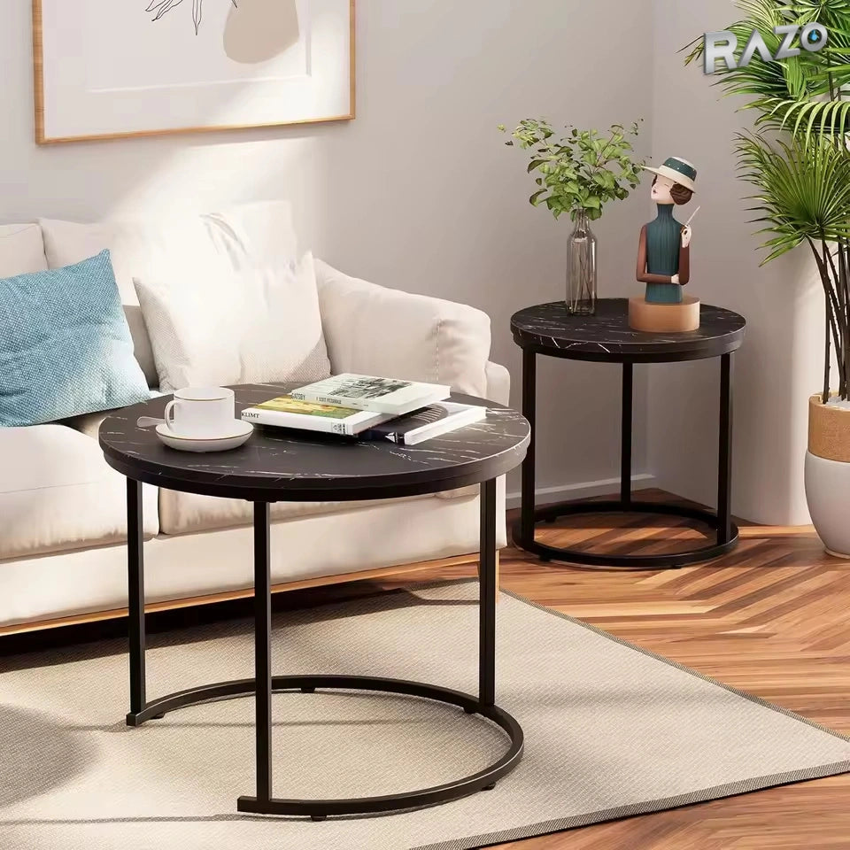 Set de 2 măsuțe de cafea rotunde cu blat cu model marmură neagră și cadru metalic - imagine produs 4