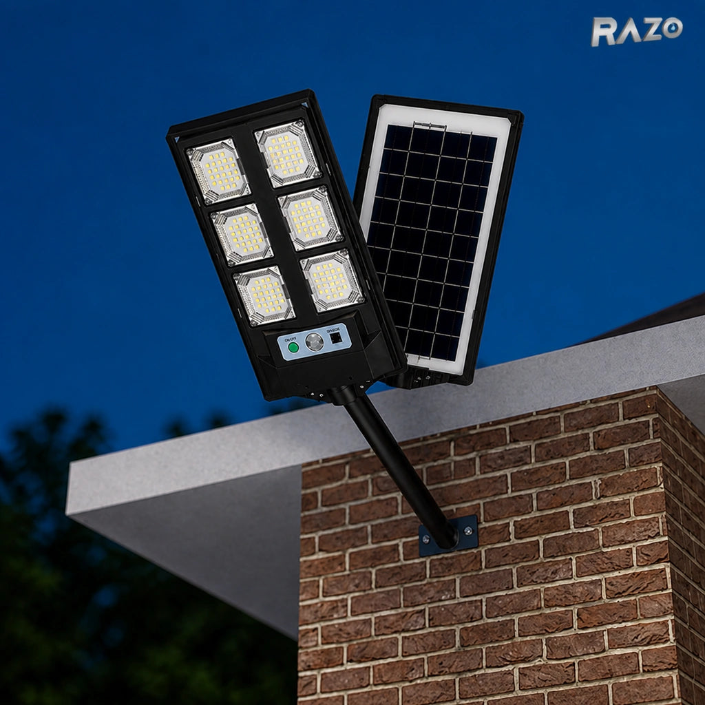 Lampă solară LED de exterior cu panou, telecomandă, senzor de lumină și 6 module LED, rezistentă la apă