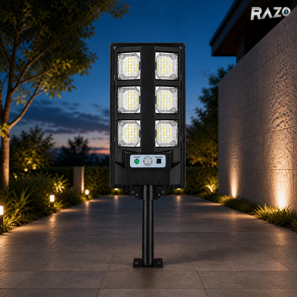 Lampă solară LED de exterior cu panou, telecomandă, senzor de lumină și 6 module LED, rezistentă la apă