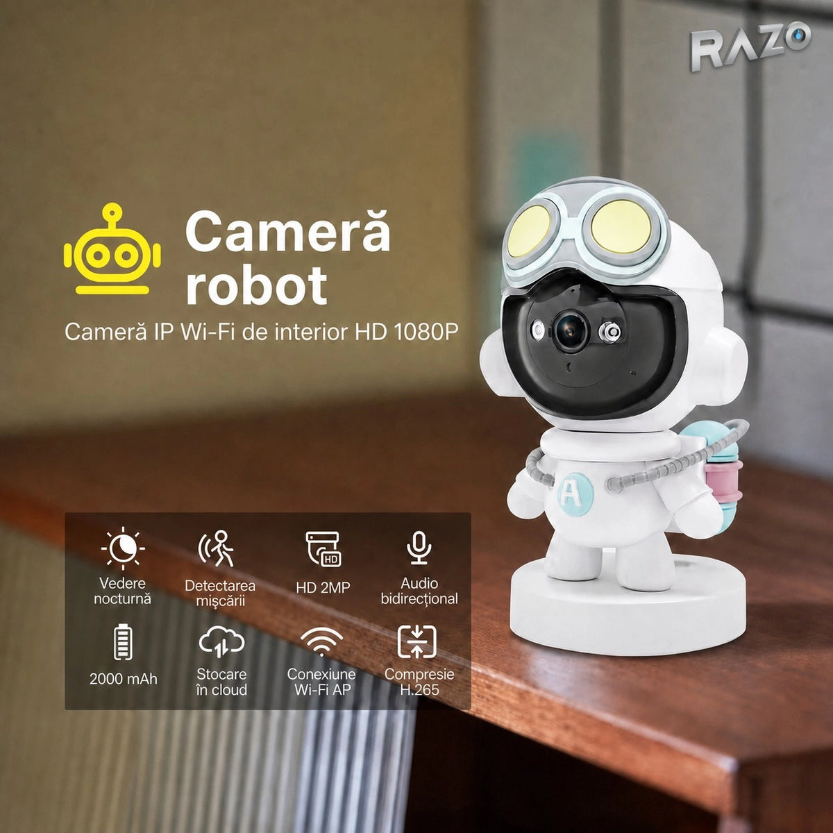 Cameră de supraveghere Wi-Fi 2 MP, PTZ 355°/45°, vedere nocturnă, tracking și audio bidirecțional