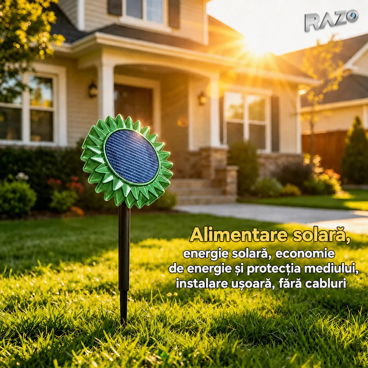 Lampă solară LED floarea-soarelui 2 în 1, IP65, pentru perete și sol, lumină verde