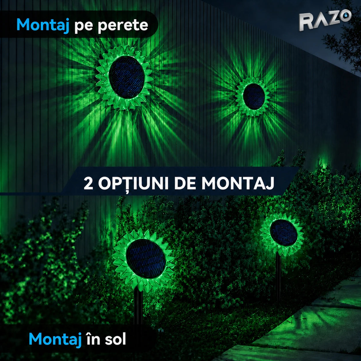 Lampă solară LED floarea-soarelui 2 în 1, IP65, pentru perete și sol, lumină verde