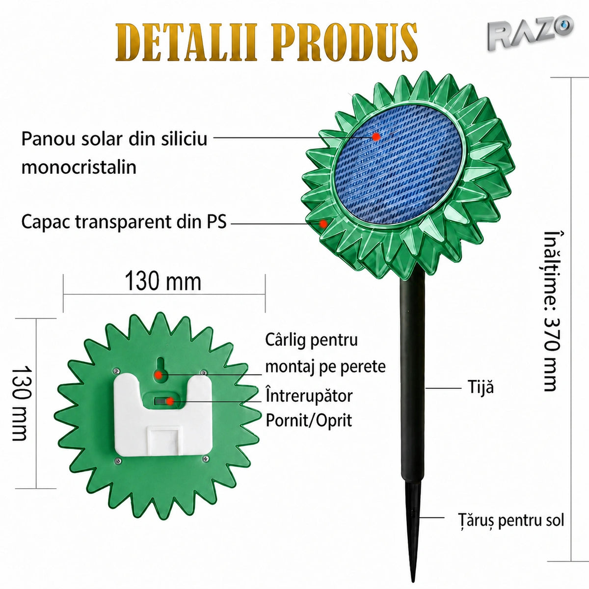Lampă solară LED floarea-soarelui 2 în 1, IP65, pentru perete și sol, lumină verde