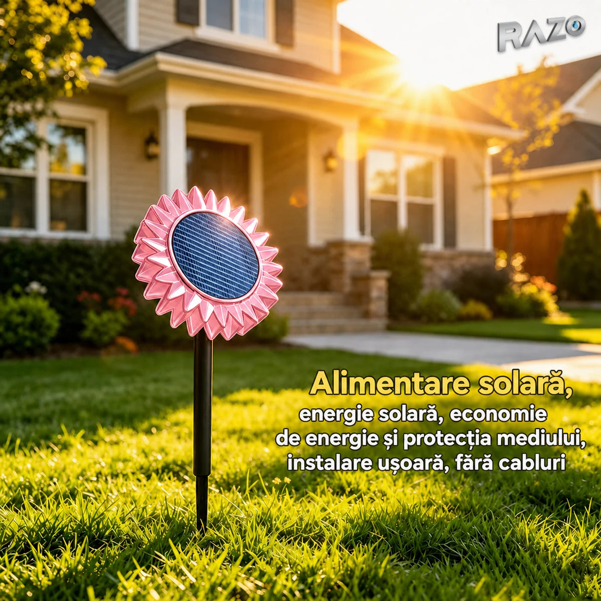 Lampă solară LED floarea-soarelui 2 în 1, IP65, pentru perete și sol, roz - imagine produs 1