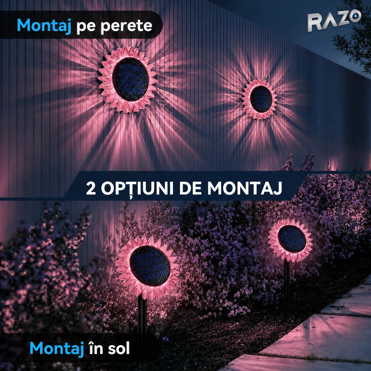 Lampă solară LED floarea-soarelui 2 în 1, IP65, pentru perete și sol, roz - imagine produs 2