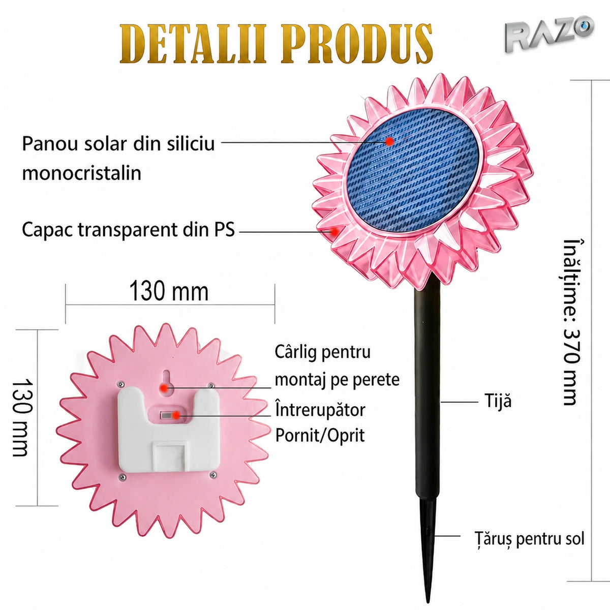 Lampă solară LED floarea-soarelui 2 în 1, IP65, pentru perete și sol, roz - imagine produs 3
