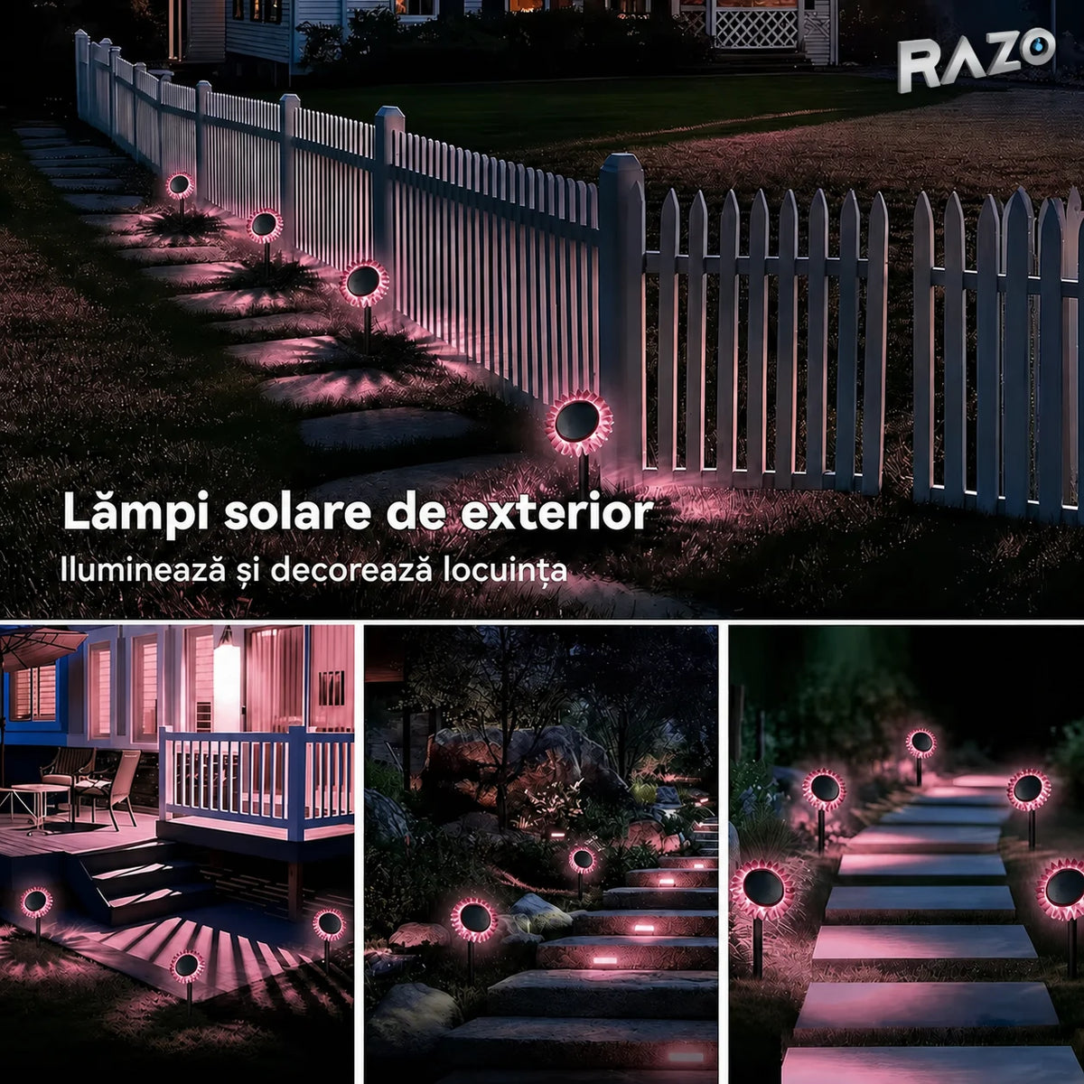 Lampă solară LED floarea-soarelui 2 în 1, IP65, pentru perete și sol, roz - imagine produs 4