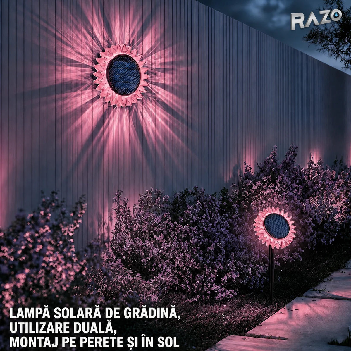 Lampă solară LED floarea-soarelui 2 în 1, IP65, pentru perete și sol, roz - imagine produs 6