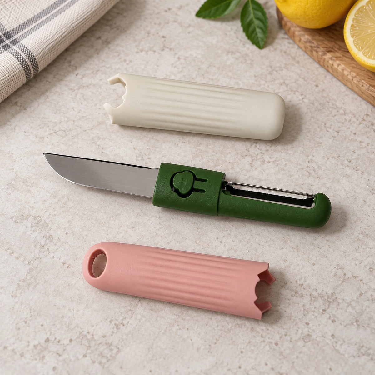 Decojitor de fructe 2 în 1 din plastic, cu lamă de cuțit și lamă de curățare, roz, crem și verde - imagine produs 3