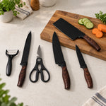 Set de 4 cuțite de bucătărie cu mânere maro, foarfecă și decojitor - imagine produs 3