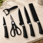 Set de ustensile de bucătărie cu 4 cuțite zimțate, foarfecă și decojitor, 6 piese, mânere negre - imagine produs 1