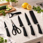Set de ustensile de bucătărie cu 4 cuțite zimțate, foarfecă și decojitor, 6 piese, mânere negre - imagine produs 2