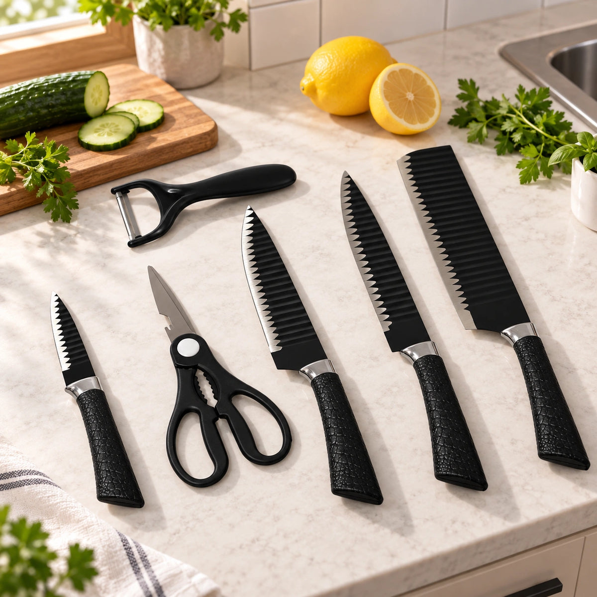 Set de ustensile de bucătărie cu 4 cuțite zimțate, foarfecă și decojitor, 6 piese, mânere negre - imagine produs 2