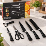 Set de ustensile de bucătărie cu 4 cuțite zimțate, foarfecă și decojitor, 6 piese, mânere negre - imagine produs 3