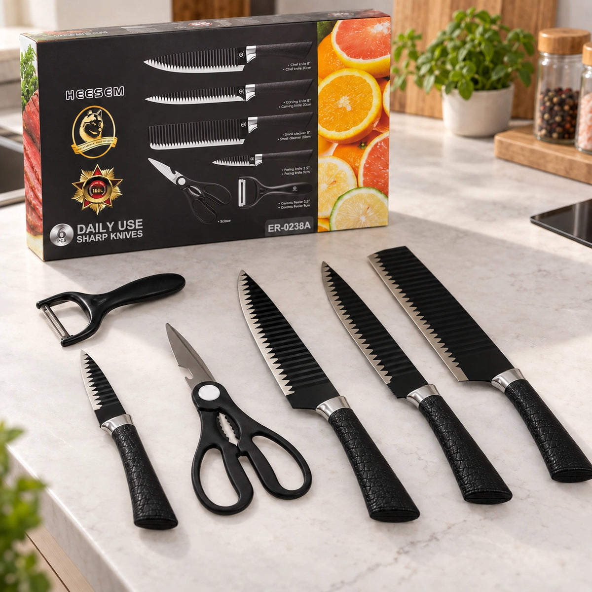 Set de ustensile de bucătărie cu 4 cuțite zimțate, foarfecă și decojitor, 6 piese, mânere negre - imagine produs 3