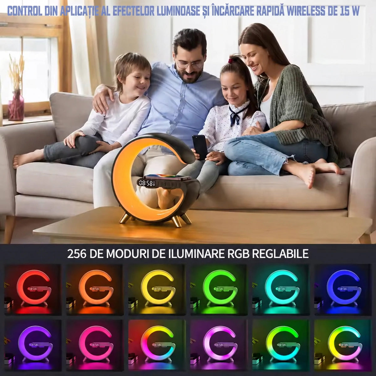 Lampă LED multicoloră cu difuzor, ceas deșteptător și încărcare wireless - imagine produs 3