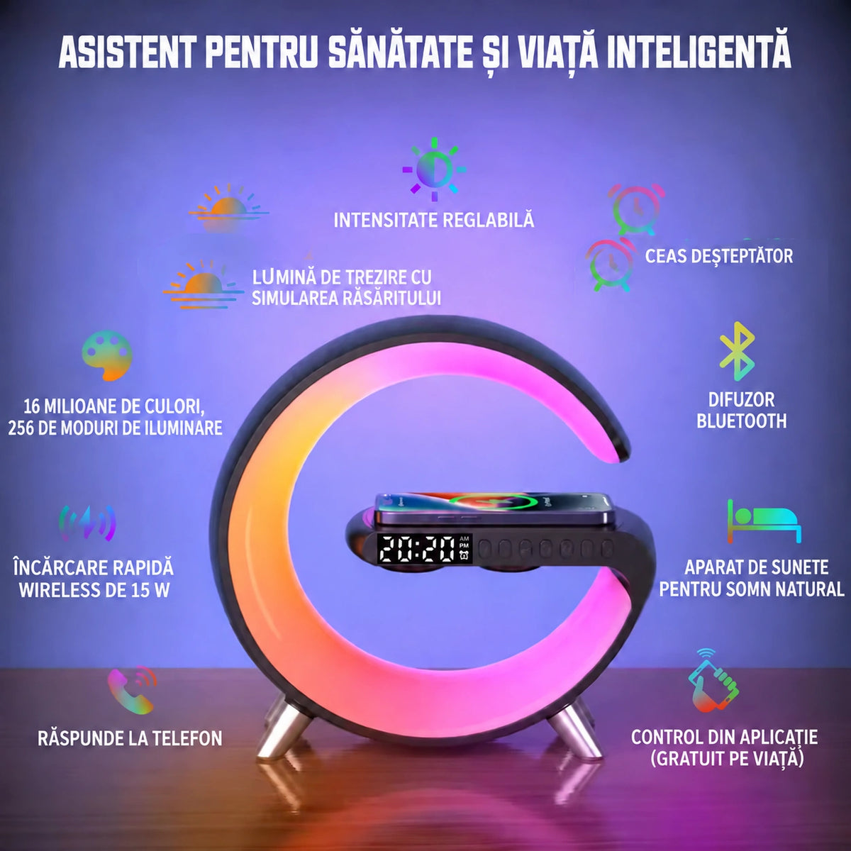 Lampă LED multicoloră cu difuzor, ceas deșteptător și încărcare wireless - imagine produs 4
