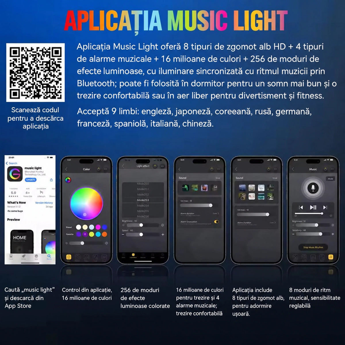 Lampă LED multicoloră cu difuzor, ceas deșteptător și încărcare wireless - imagine produs 6