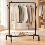 Suport pentru haine din metal, cu raft pentru încălțăminte și cârlige laterale, 110 × 44 × 144 cm, negru - imagine produs 2