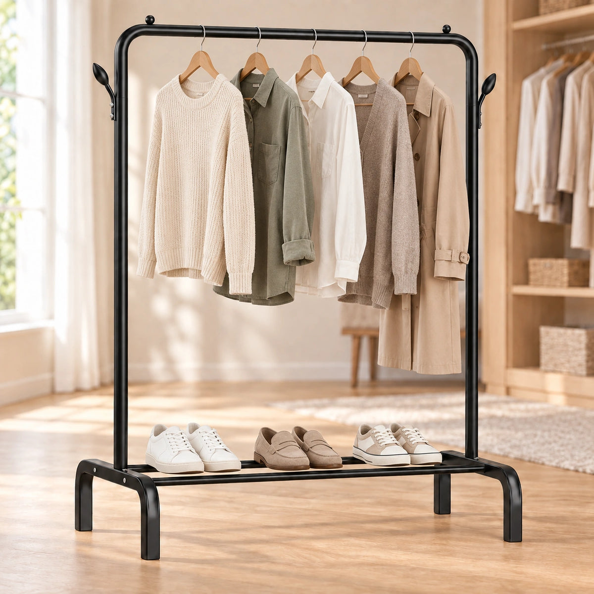Suport pentru haine din metal, cu raft pentru încălțăminte și cârlige laterale, 110 × 44 × 144 cm, negru - imagine produs 2