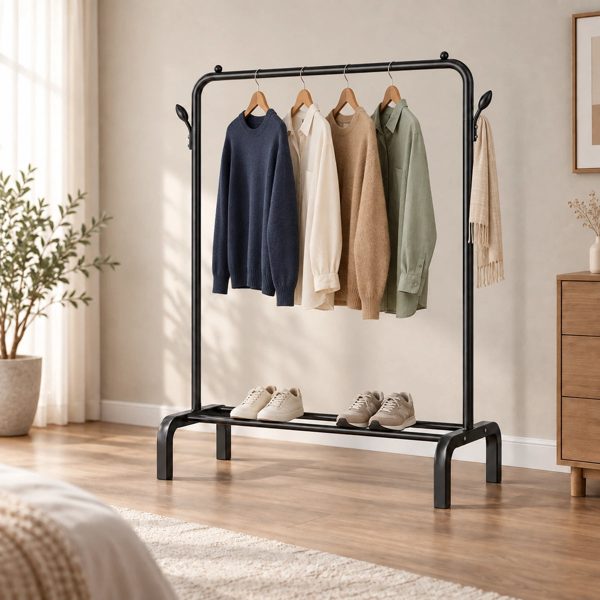Suport pentru haine din metal, cu raft pentru încălțăminte și cârlige laterale, 110 × 44 × 144 cm, negru - imagine produs 3