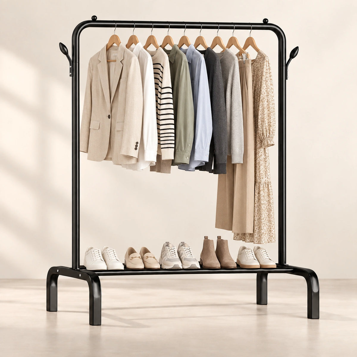 Suport pentru haine din metal, cu raft pentru încălțăminte și cârlige laterale, 110 × 44 × 144 cm, negru