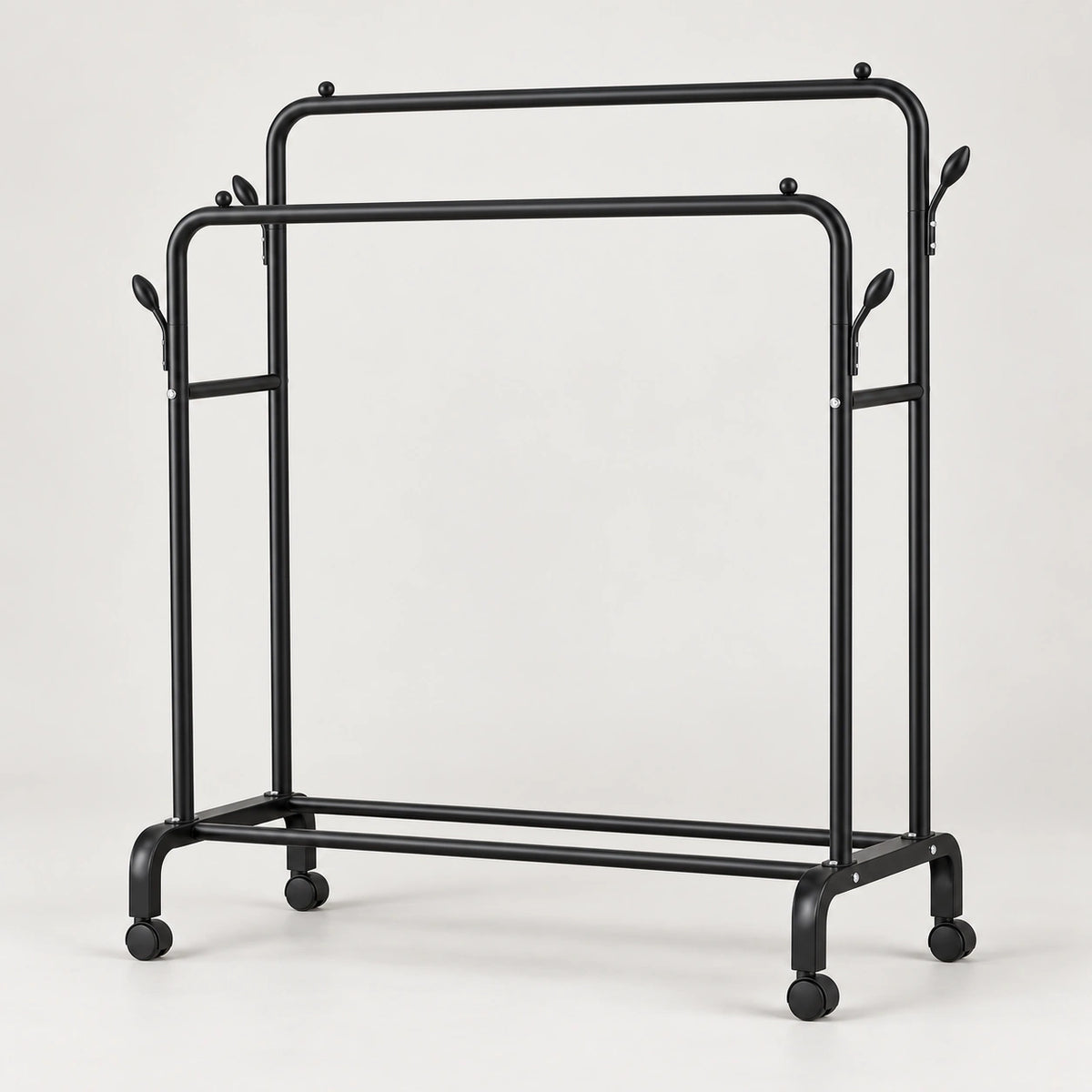 Suport dublu pentru haine cu raft inferior și roți, capacitate 68 kg, 110 × 55 × 150 cm, metal vopsit, negru - imagine produs 1