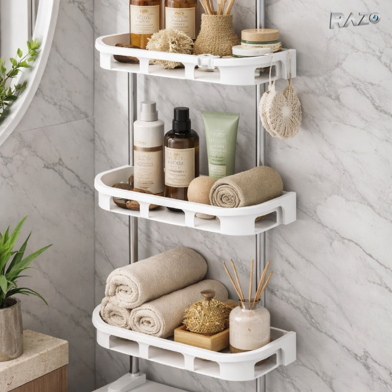 Raft de baie multifunctional RAZO pentru perete, impermeabil, montaj deasupra toaletei, cu suport pentru prosoape, dimensiuni 88x30 cm, alb
